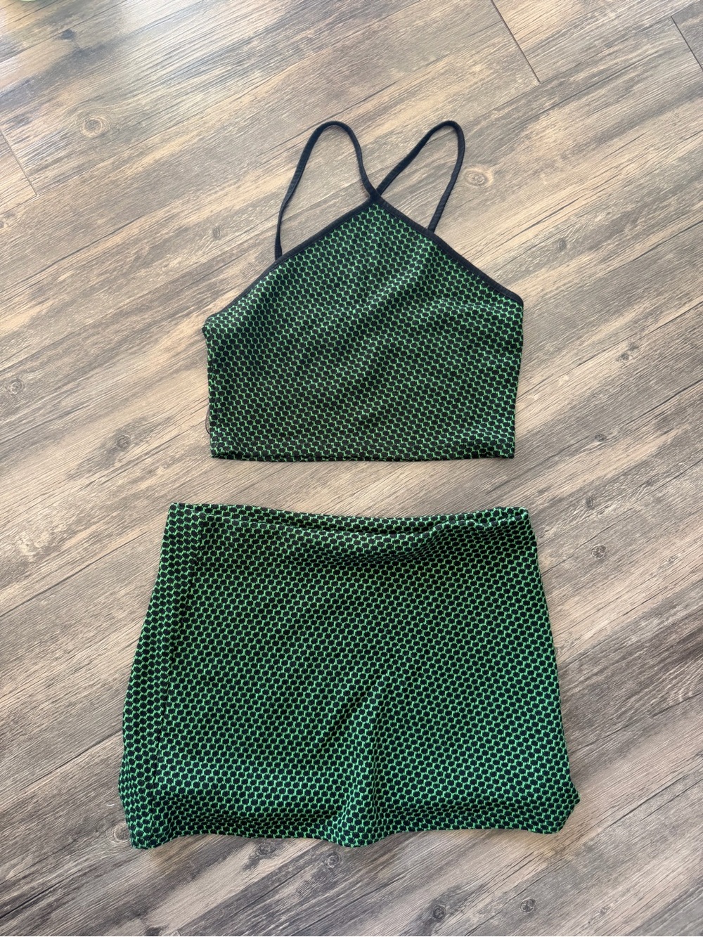 Zara Green Patterned Two-Piece Crop Top and Skirt Set